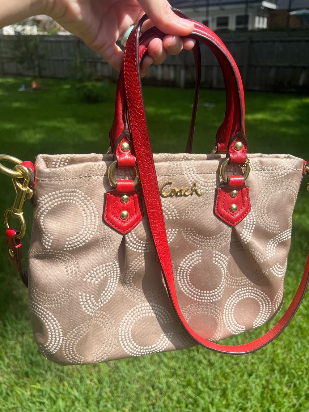 2012 Coach Ashley mini tote Beige and cherry red OP dot art